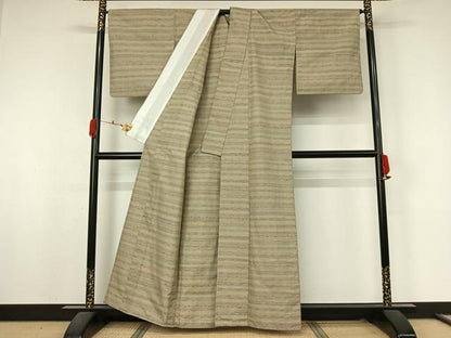 平和屋着物▽信州紬　単衣　横段文　証紙付き　正絹　逸品　AABK9814jh
