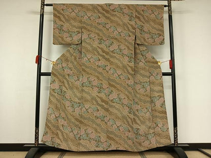 平和屋着物▽上質な小紋　単衣　吉祥花文　鬼しぼ縮緬　正絹　逸品　AABK9816jh