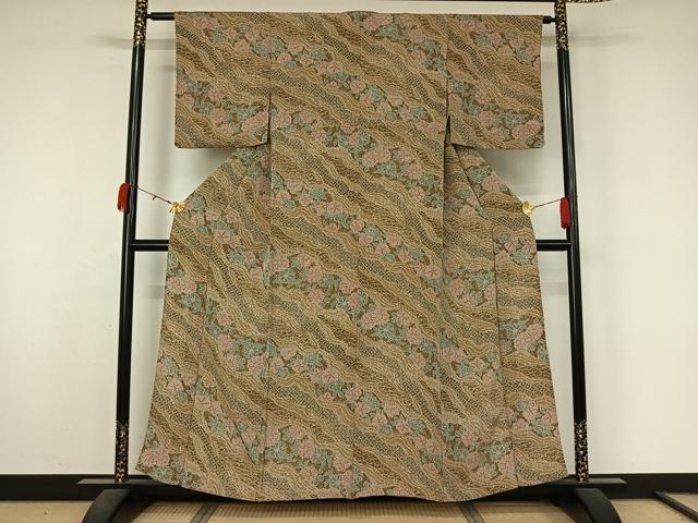 平和屋着物▽上質な小紋　単衣　吉祥花文　鬼しぼ縮緬　正絹　逸品　AABK9816jh