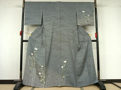 平和屋着物▽本加賀友禅作家　清藤宏　訪問着　単衣　草花文　正絹　逸品　AABK9818jh