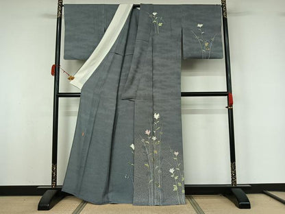 平和屋着物▽本加賀友禅作家　清藤宏　訪問着　単衣　草花文　正絹　逸品　AABK9818jh