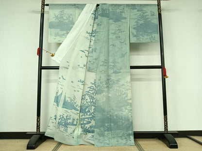 平和屋着物▽訪問着　無双　紗袷　紗×紗　風景松竹梅文　金彩　正絹　逸品　AABK9822jh