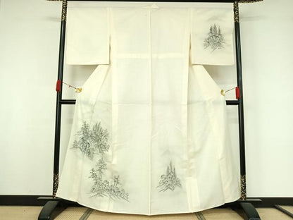 平和屋着物▽訪問着　単衣　紬地　手描き　風景文　正絹　逸品　AABK9824jh