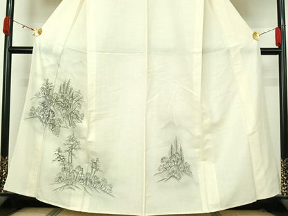 平和屋着物▽訪問着　単衣　紬地　手描き　風景文　正絹　逸品　AABK9824jh