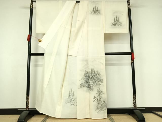 平和屋着物▽訪問着　単衣　紬地　手描き　風景文　正絹　逸品　AABK9824jh
