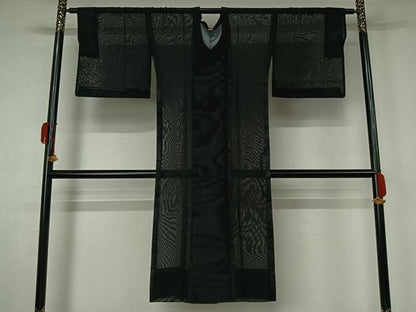 平和屋着物▽道行コート　スリーシーズン　春夏秋　塵除け　黒地　ロング丈　正絹　逸品　AABK9828jh