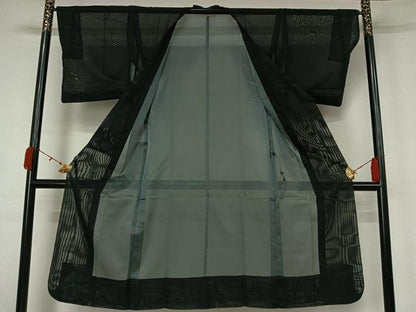 平和屋着物▽道行コート　スリーシーズン　春夏秋　塵除け　黒地　ロング丈　正絹　逸品　AABK9828jh