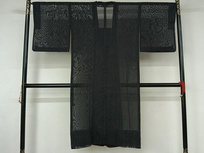 平和屋着物▽道行コート　スリーシーズン　春夏秋　塵除け　縞　黒地　ロング丈　正絹　逸品　AABK9830jh