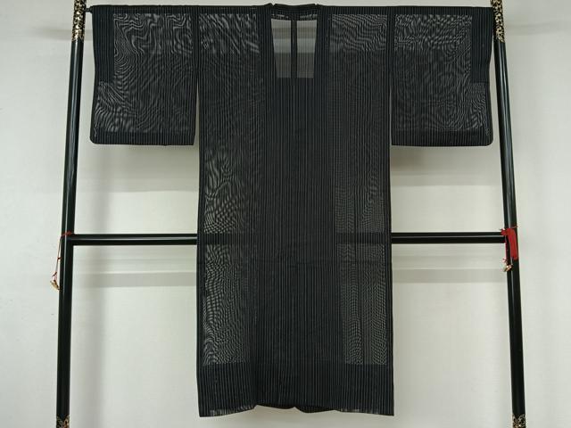 平和屋着物▽道行コート　スリーシーズン　春夏秋　塵除け　縞　黒地　ロング丈　正絹　逸品　AABK9830jh