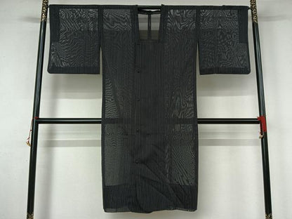 平和屋着物▽道行コート　スリーシーズン　春夏秋　塵除け　縞　黒地　ロング丈　正絹　逸品　AABK9830jh