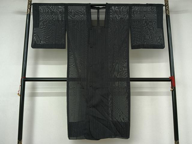 平和屋着物▽道行コート　スリーシーズン　春夏秋　塵除け　縞　黒地　ロング丈　正絹　逸品　AABK9830jh