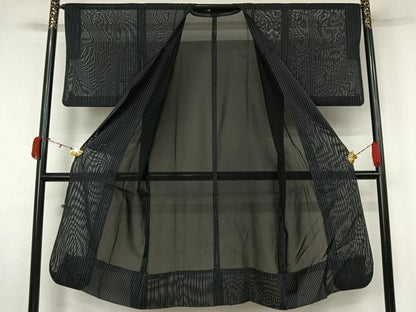 平和屋着物▽道行コート　スリーシーズン　春夏秋　塵除け　縞　黒地　ロング丈　正絹　逸品　AABK9830jh