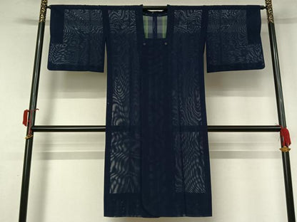 平和屋着物▽道行コート　スリーシーズン　春夏秋　塵除け　紺色　ロング丈　正絹　逸品　AABK9831jh