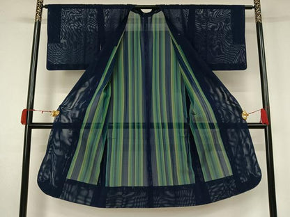 平和屋着物▽道行コート　スリーシーズン　春夏秋　塵除け　紺色　ロング丈　正絹　逸品　AABK9831jh