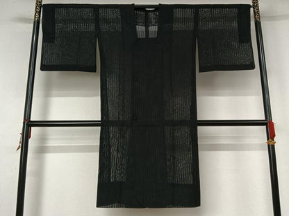 平和屋着物▽道行コート　スリーシーズン　春夏秋　塵除け　縞　黒地　ロング丈　正絹　逸品　AABK9834jh