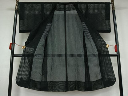 平和屋着物▽道行コート　スリーシーズン　春夏秋　塵除け　縞　黒地　ロング丈　正絹　逸品　AABK9834jh