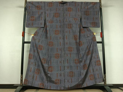 平和屋着物▽上質な紬　単衣　幾何学文様　さが美扱い　正絹　逸品　AABK9837jh
