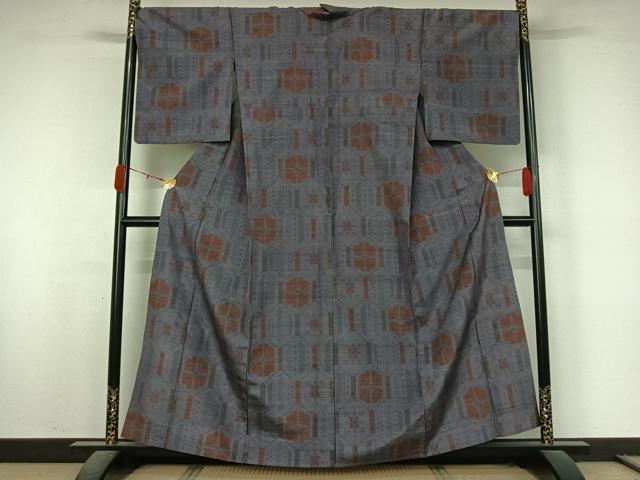 平和屋着物▽上質な紬　単衣　幾何学文様　さが美扱い　正絹　逸品　AABK9837jh