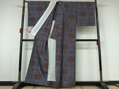 平和屋着物▽上質な紬　単衣　幾何学文様　さが美扱い　正絹　逸品　AABK9837jh