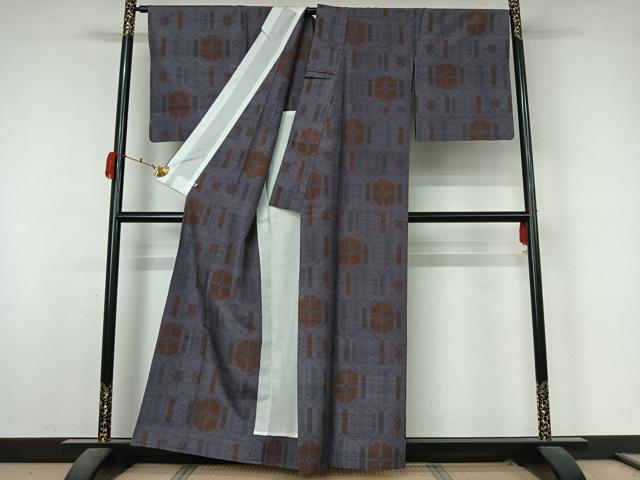 平和屋着物▽上質な紬　単衣　幾何学文様　さが美扱い　正絹　逸品　AABK9837jh