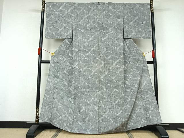 平和屋着物▽上質な紬　単衣　幾何学文様　正絹　逸品　AABK9838jh
