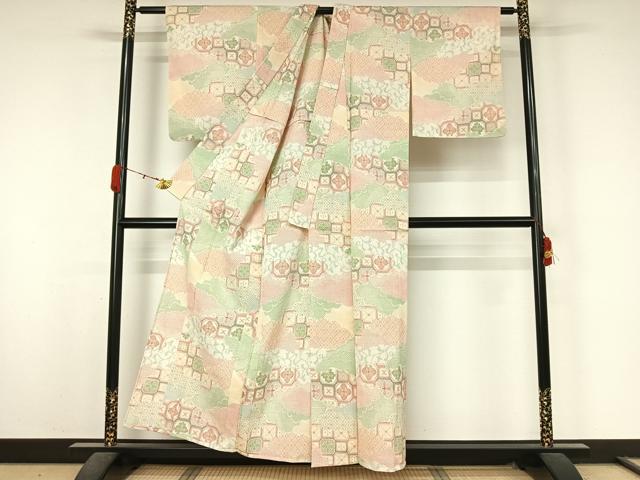 平和屋着物▽お召　単衣　雲取り正倉院花文　正絹　逸品　AABK9843jh