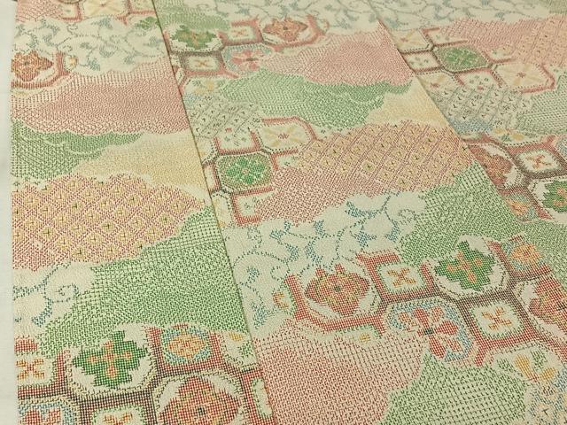 平和屋着物▽お召　単衣　雲取り正倉院花文　正絹　逸品　AABK9843jh