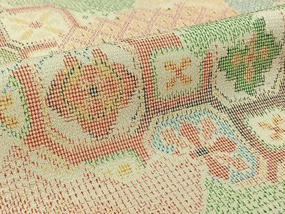 平和屋着物▽お召　単衣　雲取り正倉院花文　正絹　逸品　AABK9843jh