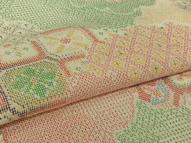 平和屋着物▽お召　単衣　雲取り正倉院花文　正絹　逸品　AABK9843jh