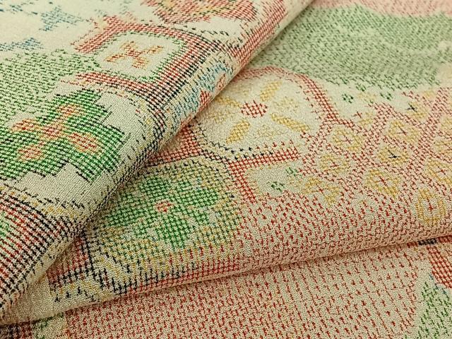 平和屋着物▽お召　単衣　雲取り正倉院花文　正絹　逸品　AABK9843jh