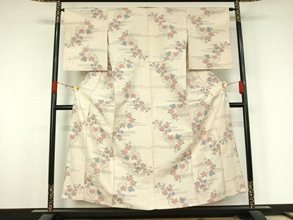 平和屋着物▽小千谷紬　単衣　花籬文　正絹　逸品　AABK9844jh