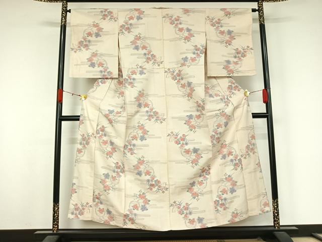 平和屋着物▽小千谷紬　単衣　花籬文　正絹　逸品　AABK9844jh