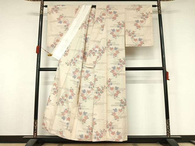 平和屋着物▽小千谷紬　単衣　花籬文　正絹　逸品　AABK9844jh
