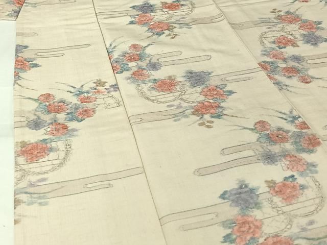 平和屋着物▽小千谷紬　単衣　花籬文　正絹　逸品　AABK9844jh