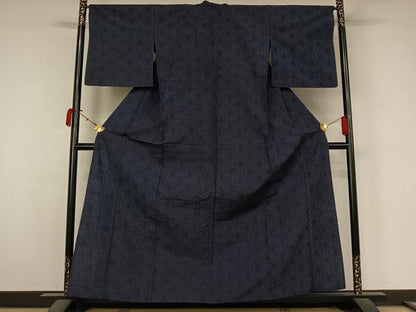 平和屋着物▽上質な紬　単衣　麻の葉文様　三越扱い　正絹　逸品　AABK9845jh