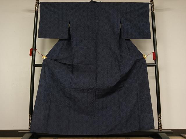 平和屋着物▽上質な紬　単衣　麻の葉文様　三越扱い　正絹　逸品　AABK9845jh