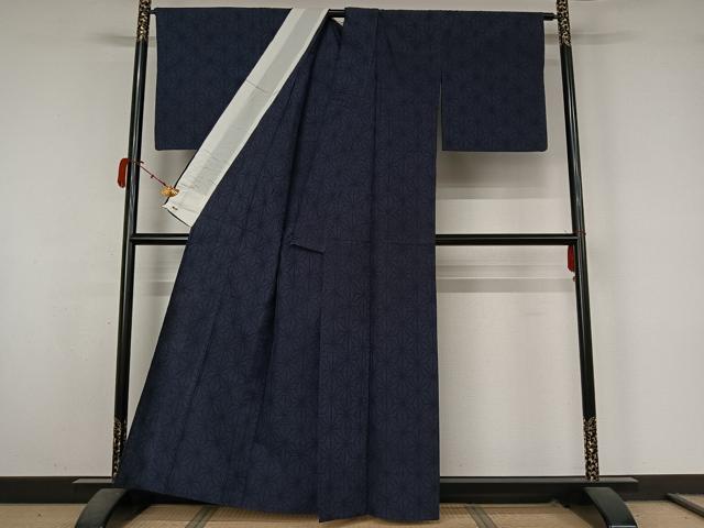 平和屋着物▽上質な紬　単衣　麻の葉文様　三越扱い　正絹　逸品　AABK9845jh