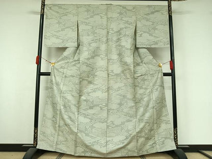 平和屋着物▽お召　単衣　風景松文　正絹　逸品　AABK9846jh