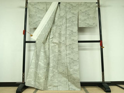 平和屋着物▽お召　単衣　風景松文　正絹　逸品　AABK9846jh