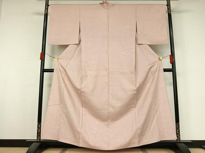 平和屋着物▽上質な小紋　単衣　紬地　手描き　芝花文　正絹　逸品　AABK9847jh