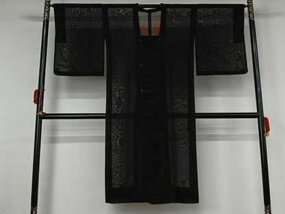 平和屋着物▽道行コート　スリーシーズン　春夏秋　塵除け　黒地　ロング丈　正絹　逸品　AABK9852jh