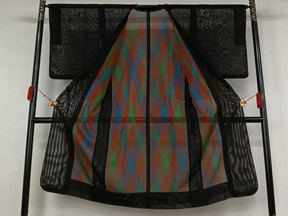 平和屋着物▽道行コート　スリーシーズン　春夏秋　塵除け　黒地　ロング丈　正絹　逸品　AABK9852jh