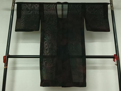 平和屋着物▽道行コート　スリーシーズン　春夏秋　塵除け　霞文　黒地　ロング丈　正絹　逸品　AABK9853jh