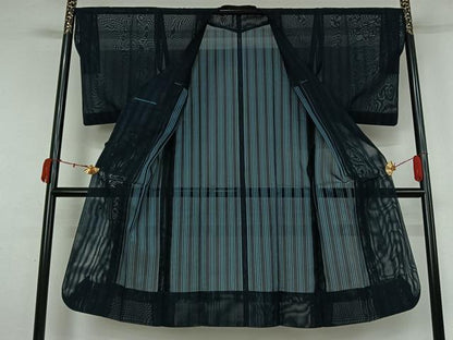 平和屋着物▽道行コート　スリーシーズン　春夏秋　塵除け　縞　ロング丈　正絹　逸品　AABK9856jh