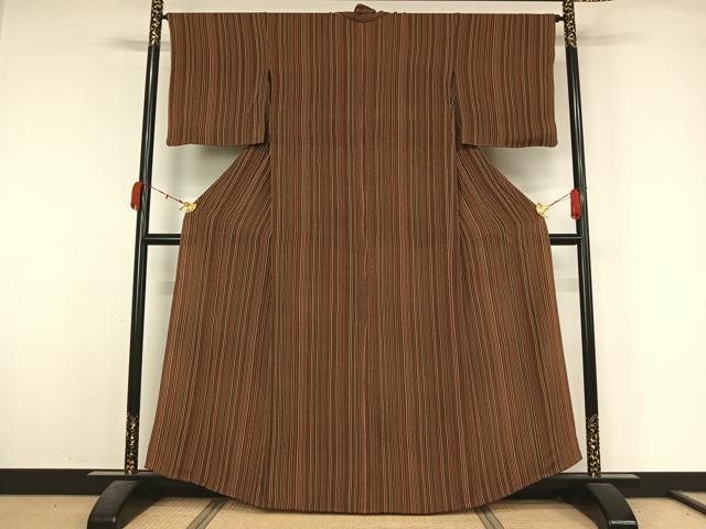平和屋着物▽上質な小紋　単衣　縞　鬼しぼ縮緬　正絹　逸品　AABK9862jh