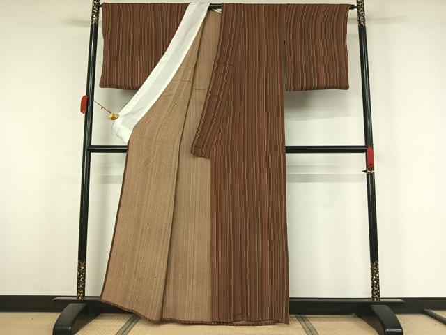 平和屋着物▽上質な小紋　単衣　縞　鬼しぼ縮緬　正絹　逸品　AABK9862jh