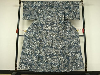 平和屋着物▽上質な小紋　単衣　風景花文　正絹　逸品　AABK9864jh