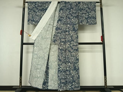 平和屋着物▽上質な小紋　単衣　風景花文　正絹　逸品　AABK9864jh