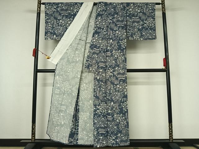 平和屋着物▽上質な小紋　単衣　風景花文　正絹　逸品　AABK9864jh
