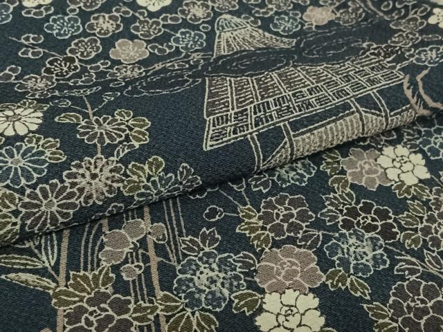 平和屋着物▽上質な小紋　単衣　風景花文　正絹　逸品　AABK9864jh